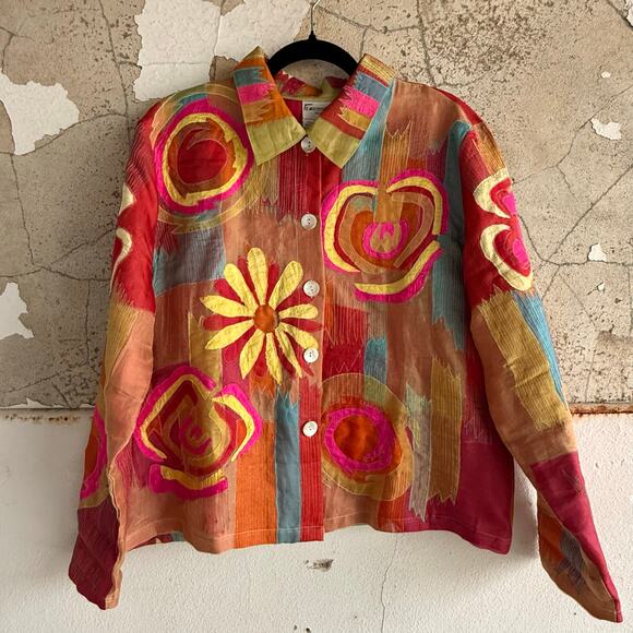 Vtg Silk Jacket Embroidered Boho Statement Blazer Colorful Maximalist Women's L - Picture 2 of 6